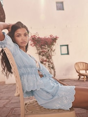 Blue Embroidered 100% Cotton Tie Front Lightweight Denim Top - Image 3 of 8