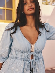 Blue Embroidered 100% Cotton Tie Front Lightweight Denim Top - Image 4 of 8