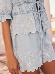 Blue Embroidered 100% Cotton Tie Front Lightweight Denim Top - Image 5 of 8