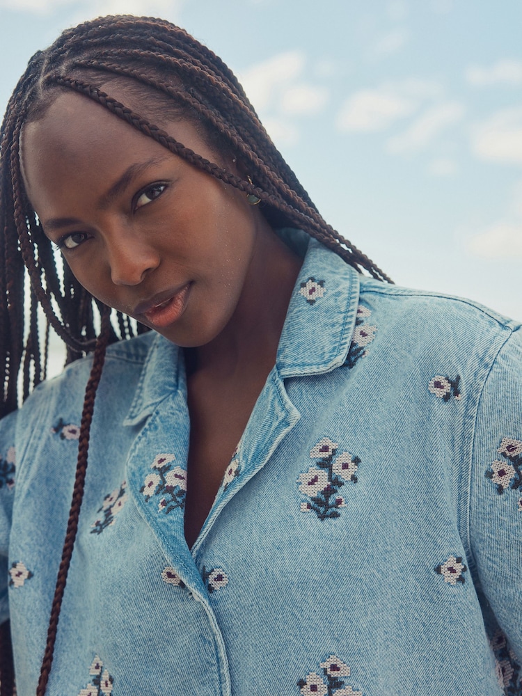 Bleach Wash Floral Embroidered Denim 100% Cotton Shirt - Image 5 of 5