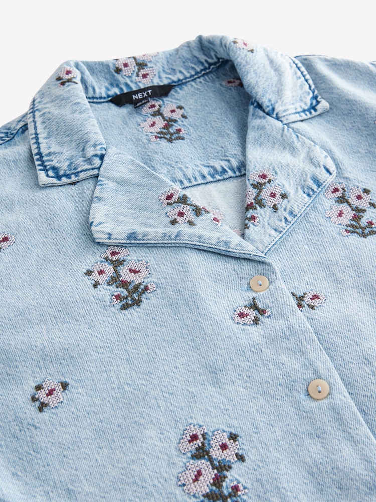 Valkaisuainepesu - Kukallinen Brodeerattu Denim 100% Puuvilla Paidat - Kuva 8 / 8