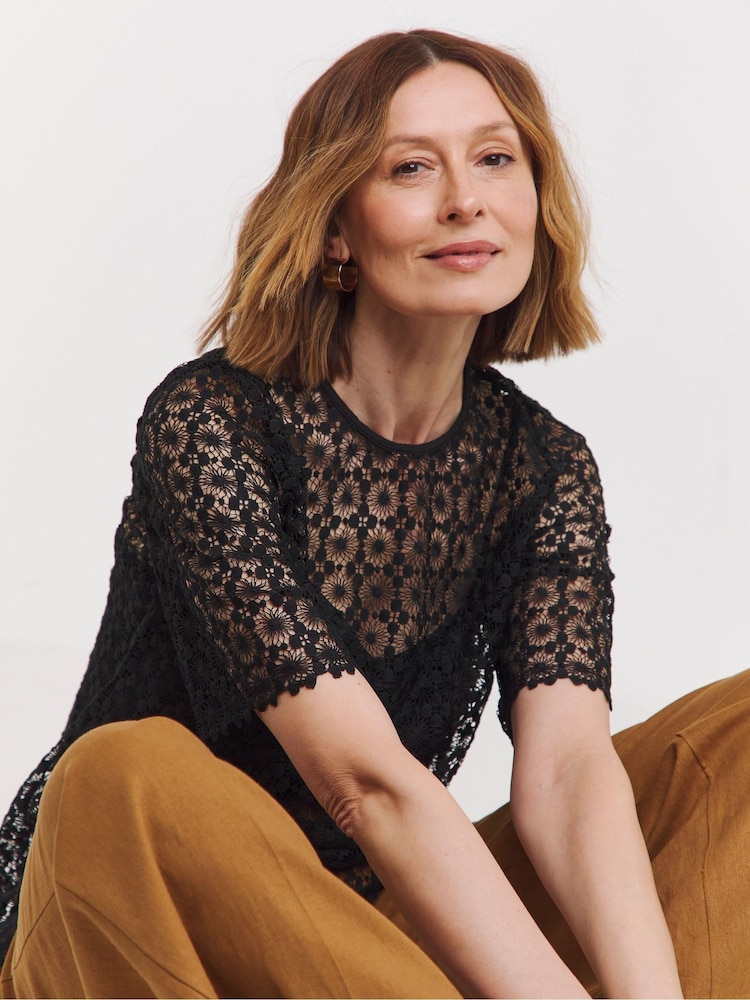 JD Williams Black Short Sleeve Lace Top With Cami - Image 1 of 4 JD Williams Black Short Sleeve Lace Top With Cami - Image 1 of 4
