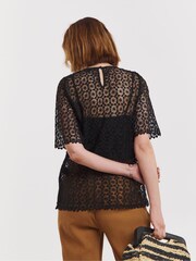 JD Williams Black Short Sleeve Lace Top With Cami - Image 2 of 4