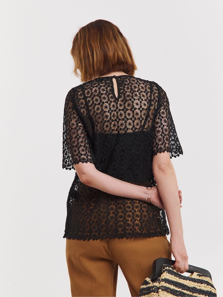 JD Williams Black Short Sleeve Lace Top With Cami - Image 2 of 4 JD Williams Black Short Sleeve Lace Top With Cami - Image 2 of 4