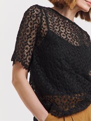 JD Williams Black Short Sleeve Lace Top With Cami - Image 4 of 4