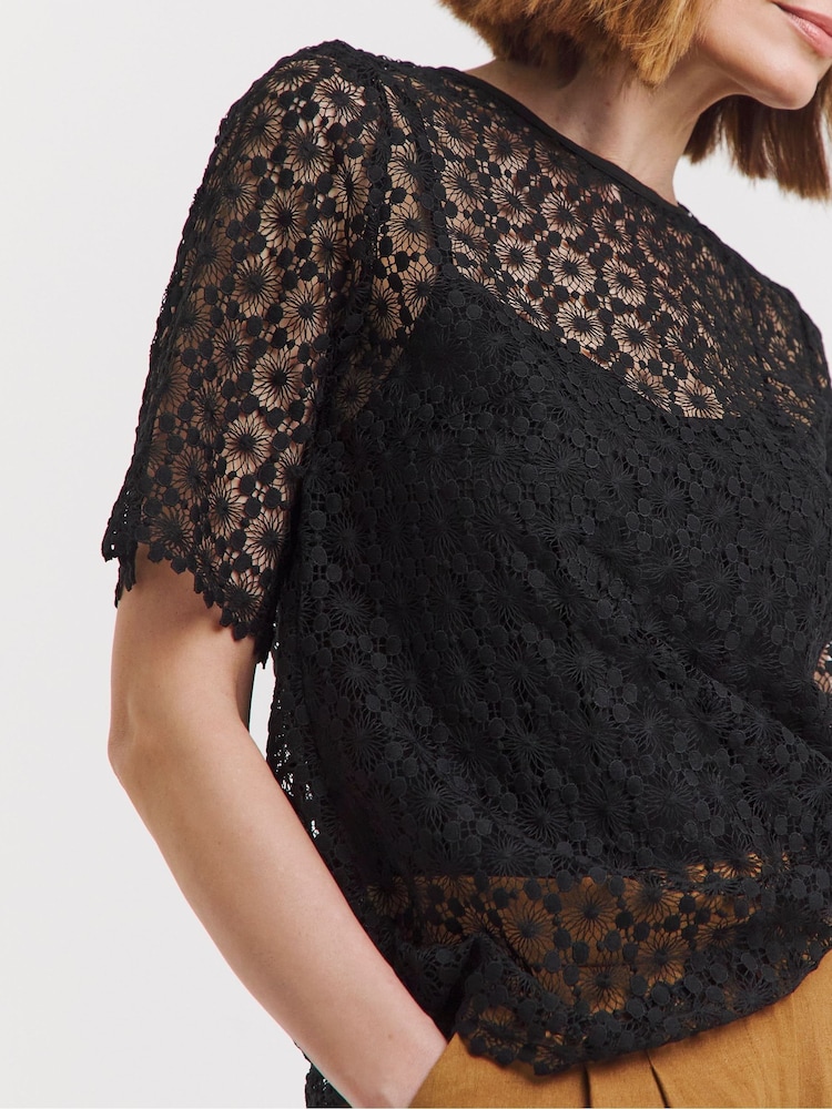 JD Williams Black Short Sleeve Lace Top With Cami - Image 4 of 4
