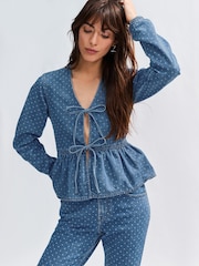 Blue Polkadot Tie Front 100% Cotton Smock Blouse - Image 1 of 7
