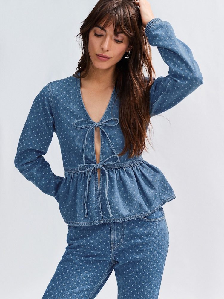Blue Polkadot Tie Front 100% Cotton Smock Blouse - Image 1 of 7