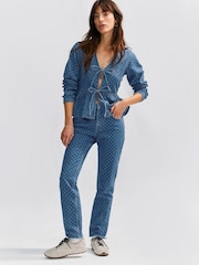 Blue Polkadot Tie Front 100% Cotton Smock Blouse - Image 2 of 7
