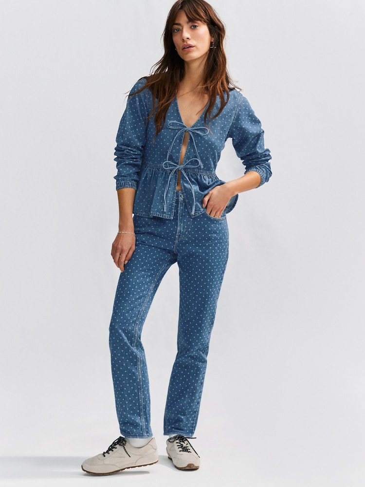 Blue Polkadot Tie Front 100% Cotton Smock Blouse - Image 2 of 7
