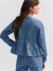 Blue Polkadot Tie Front 100% Cotton Smock Blouse - Image 3 of 7