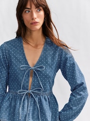 Blue Polkadot Tie Front 100% Cotton Smock Blouse - Image 4 of 7