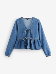 Blue Polkadot Tie Front 100% Cotton Smock Blouse - Image 5 of 7