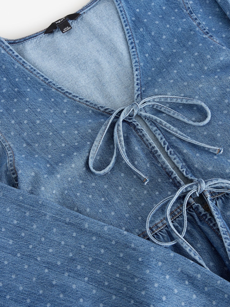 Blue Polkadot Tie Front 100% Cotton Smock Blouse - Image 7 of 7