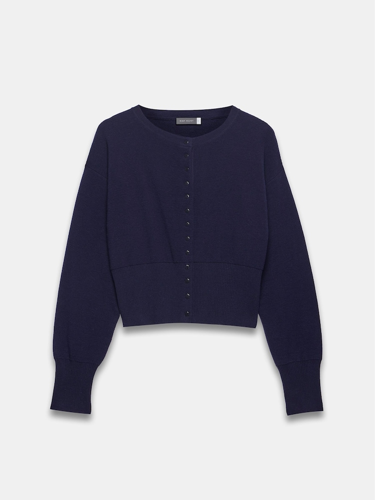 Mint Velvet Blue Popper Cotton Blend Crew Neck Cardigan - Image 3 of 4