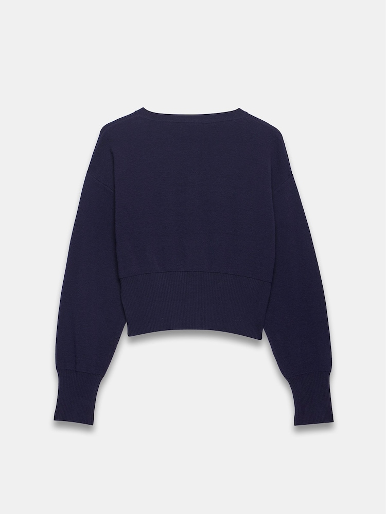 Mint Velvet Blue Popper Cotton Blend Crew Neck Cardigan - Image 4 of 4