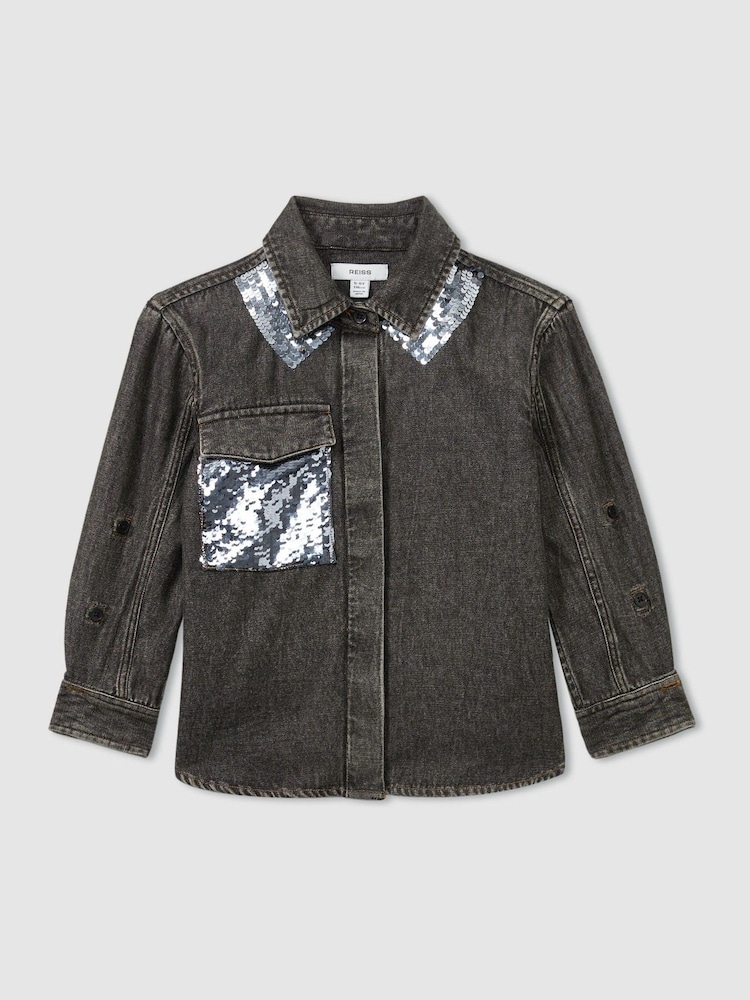 Reiss Grey Kourtney 13-14 yrs Cotton-Chambray Sequinned Shirt - Image 1 of 4