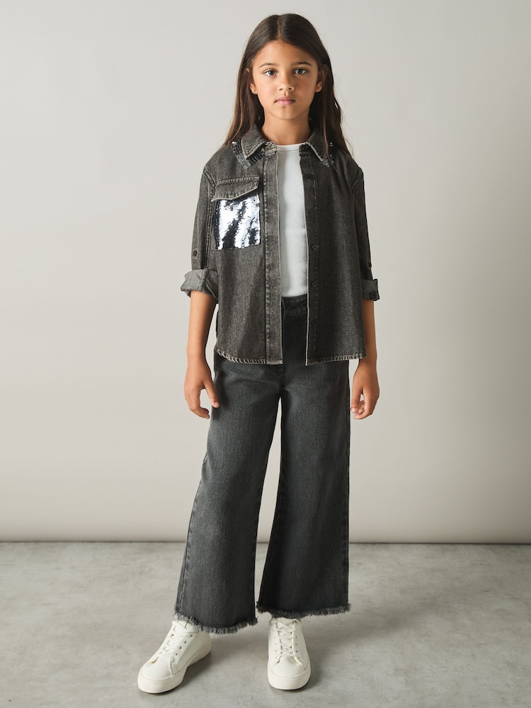 Reiss Grey Kourtney 13-14 yrs Cotton-Chambray Sequinned Shirt - Image 2 of 4