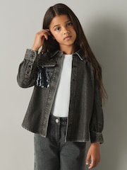 Reiss Grey Kourtney 13-14 yrs Cotton-Chambray Sequinned Shirt - Image 3 of 4