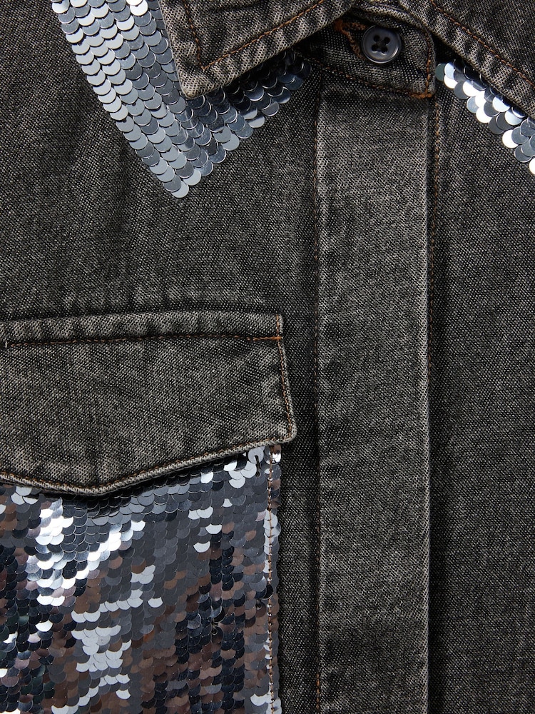 Reiss Grey Kourtney 13-14 yrs Cotton-Chambray Sequinned Shirt - Image 4 of 4