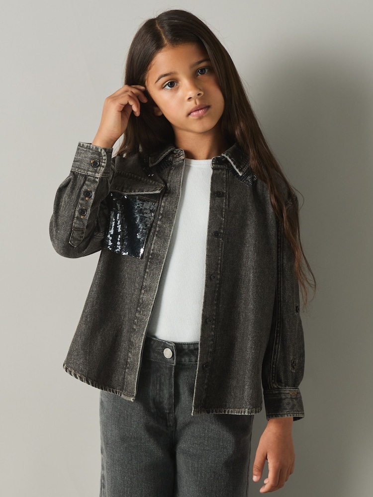 Reiss Grey Kourtney 9-13 yrs Cotton-Chambray Sequinned Shirt - Image 1 of 4