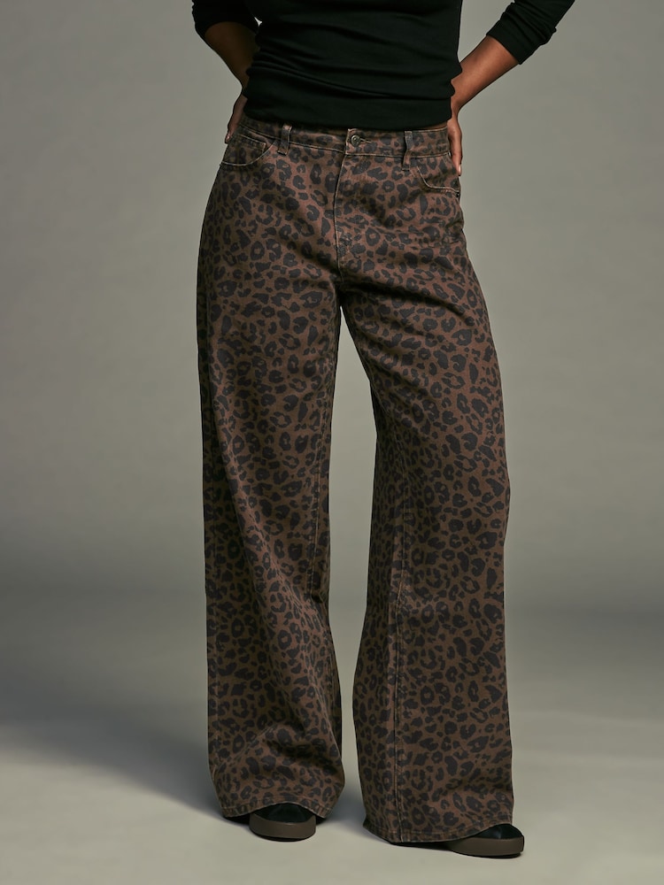 Leopard Hourglass Leopard Print Wide Leg 100% Cotton Jeans - Image 1 of 9