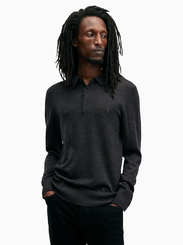 AllSaints Marley Green Mode Merino Longsleeve Polo Shirt - Image 1 of 5