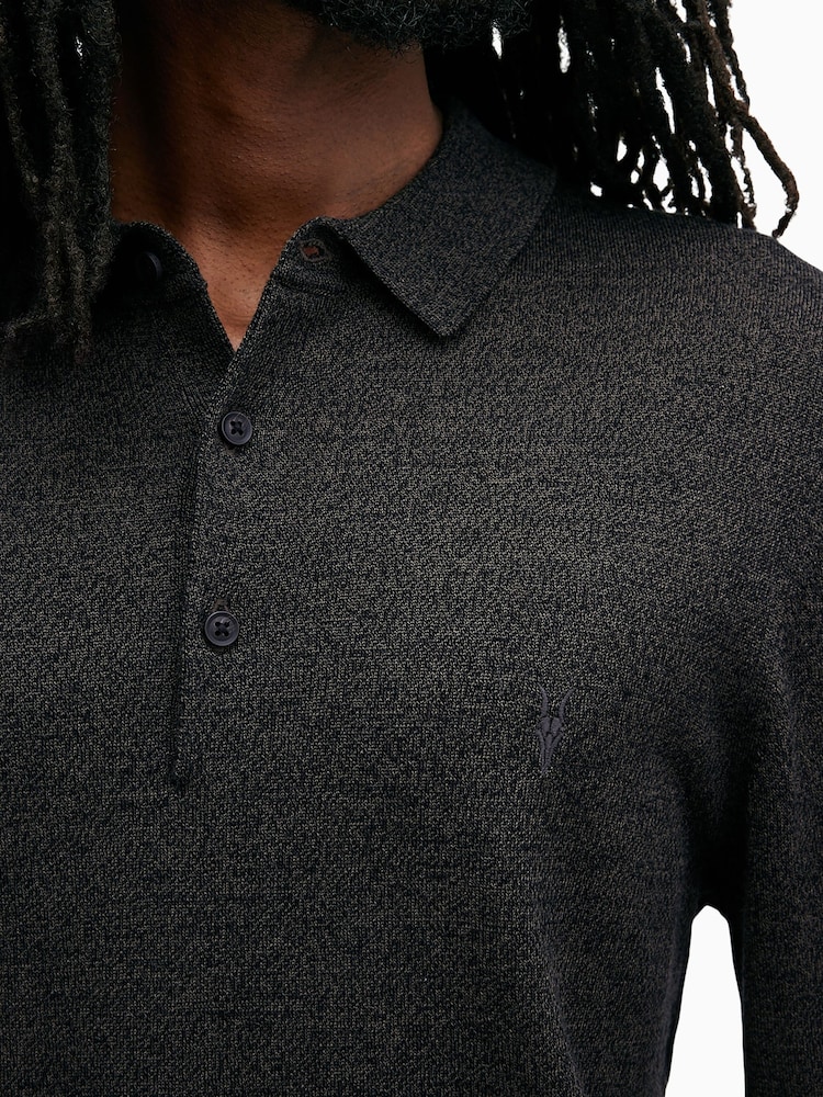 AllSaints Marley Green Mode Merino Longsleeve Polo Shirt - Image 2 of 5