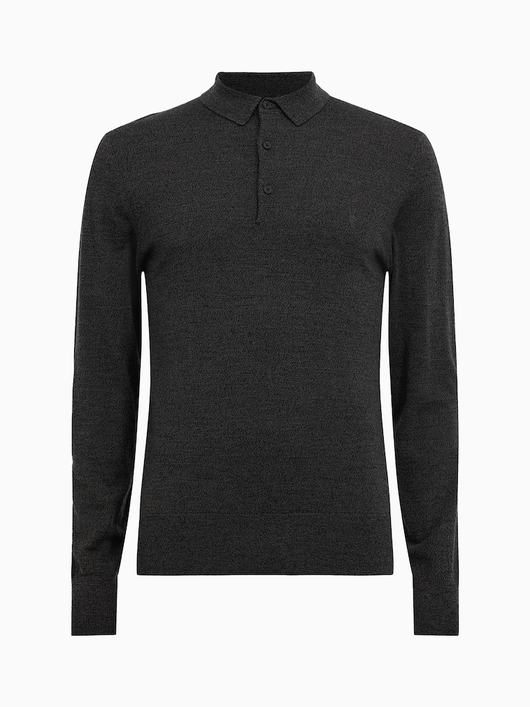 AllSaints Marley Green Mode Merino Longsleeve Polo Shirt - Image 5 of 5