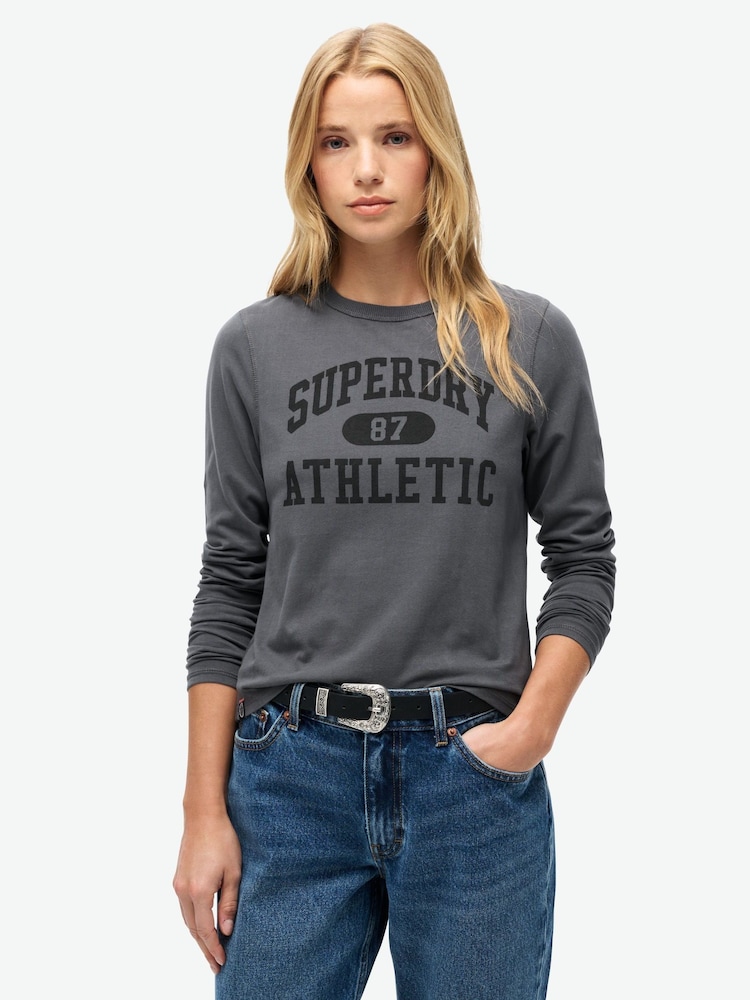Superdry Grey Slim Athletic Essentials Ringer Long Sleeved Top - Image 1 of 4