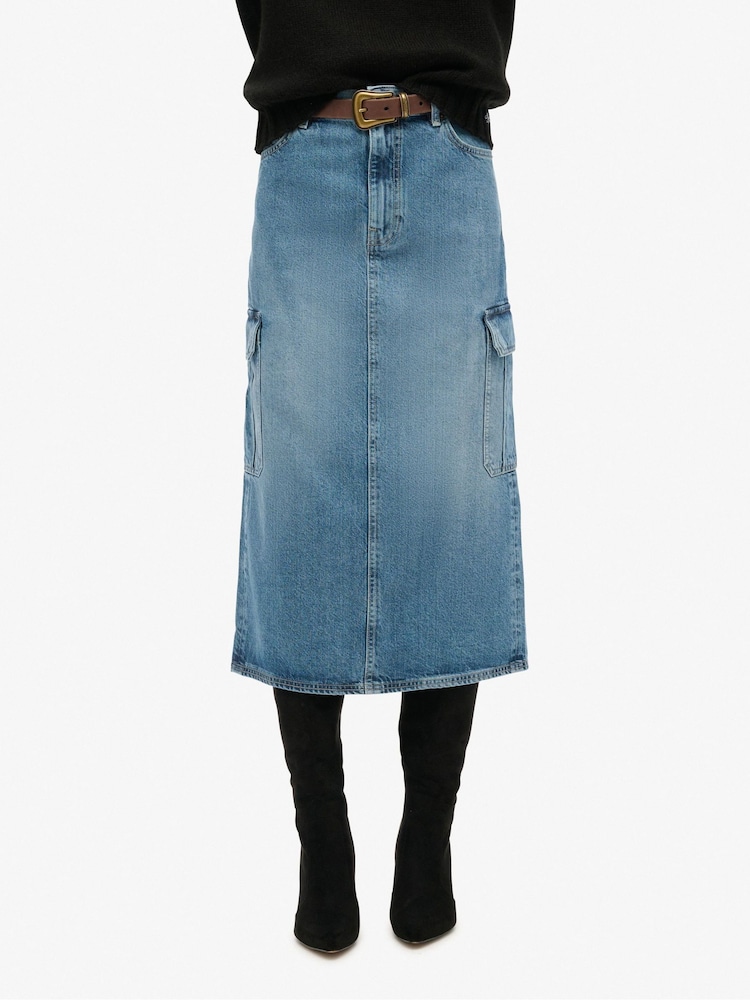 Superdry Blue Denim Cargo Pocket Midi Skirt - Image 3 of 4