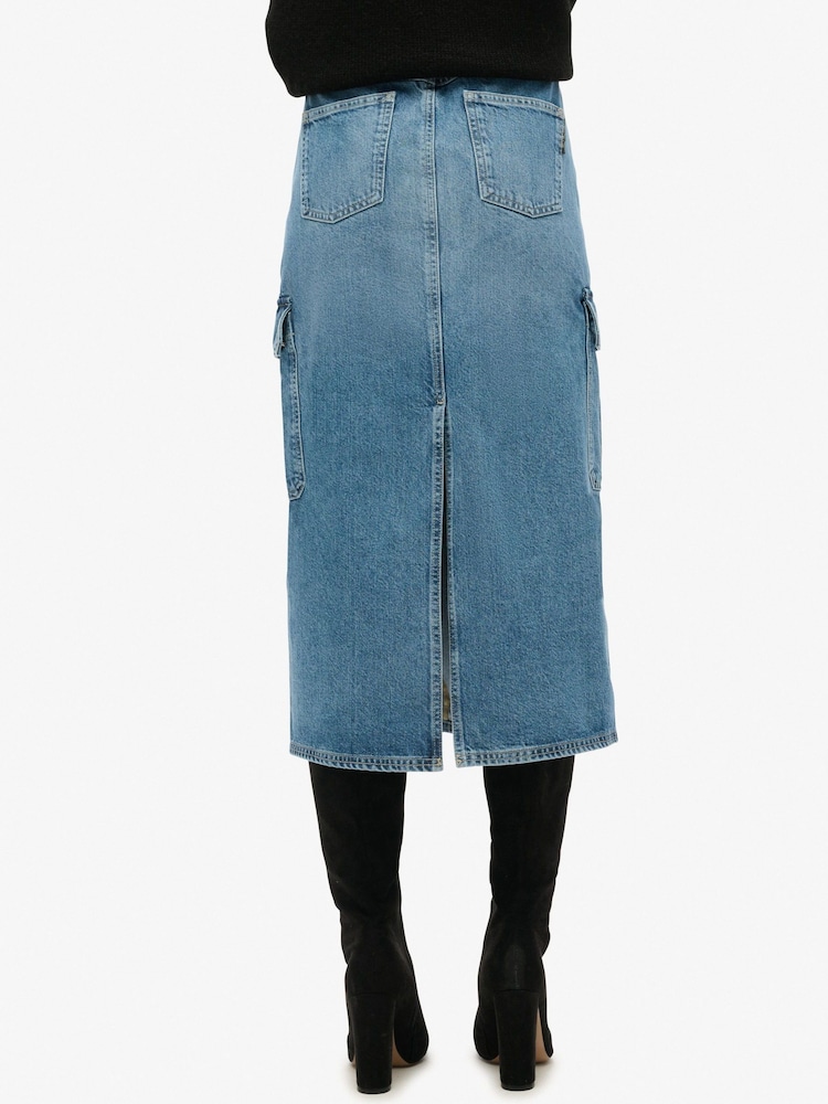 Superdry Blue Denim Cargo Pocket Midi Skirt - Image 4 of 4