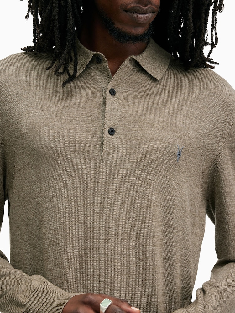 AllSaints Green Mode Merino Longsleeve Polo Shirt - Image 2 of 6