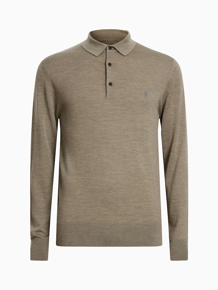 AllSaints Green Mode Merino Longsleeve Polo Shirt - Image 6 of 6