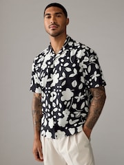 Monochrome Printed Floral Short Sleeve Shirt With Cuban Collar - Image 1 of 8