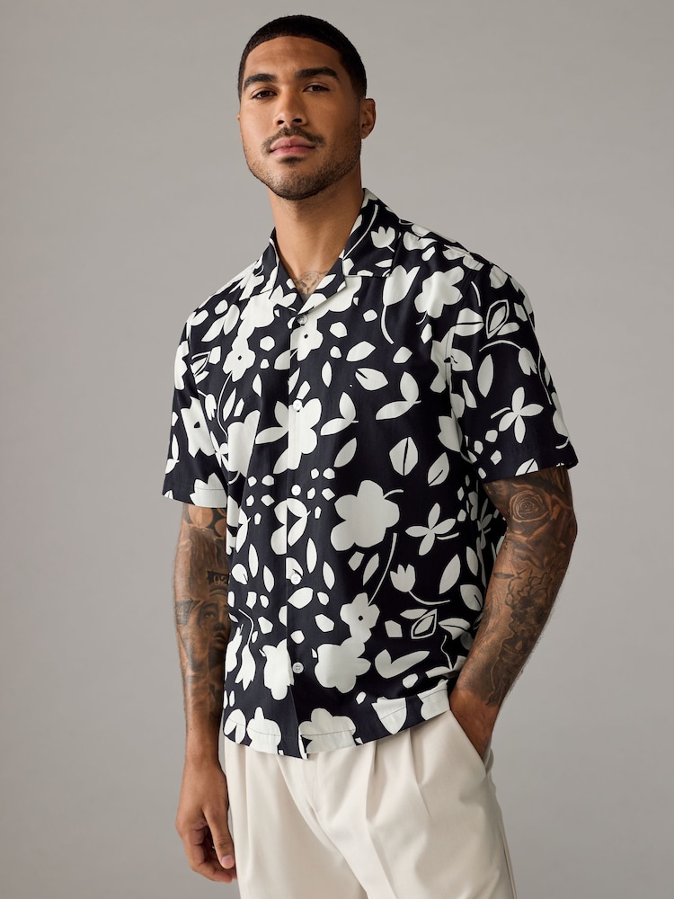 Monochrome Printed Floral Short Sleeve Shirt With Cuban Collar - Image 1 of 8