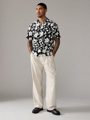 Monochrome Printed Floral Short Sleeve Shirt With Cuban Collar - Image 2 of 8
