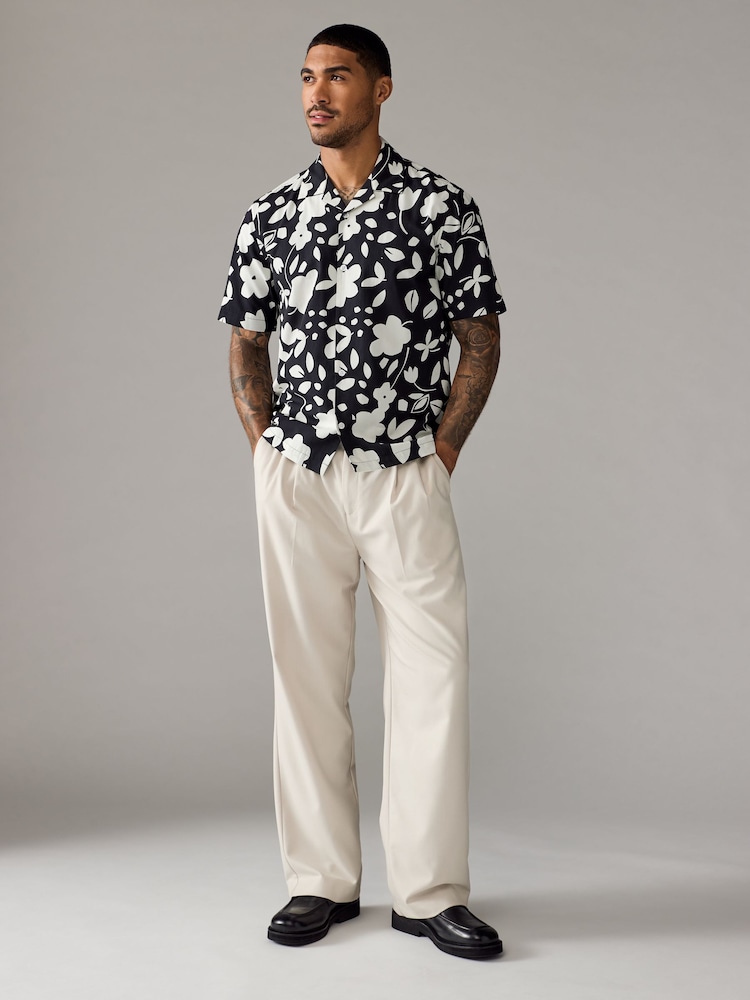 Monochrome Printed Floral Short Sleeve Shirt With Cuban Collar - Image 2 of 8