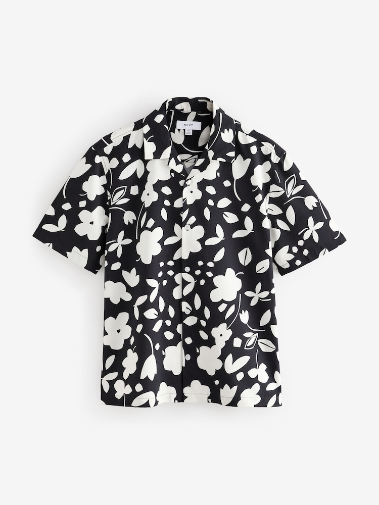 Monochrome Printed Floral Short Sleeve Shirt With Cuban Collar - Image 6 of 8