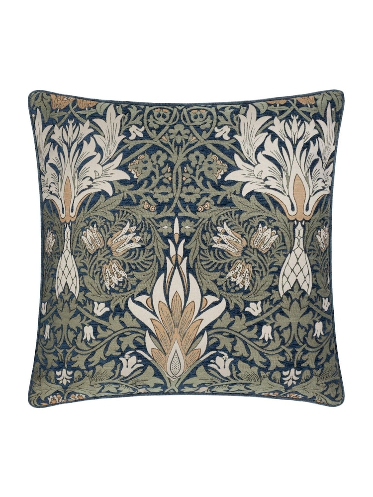 Morris & Co. Indigo/Leaf Green Snakeshead Jacquard Chenille Piped Cushion - Image 1 of 4