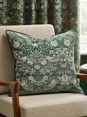 Morris & Co Forest Green Strawberry Thief Jacquard Piped Cushion - Image 1 of 6