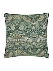 Morris & Co Forest Green Strawberry Thief Jacquard Piped Cushion - Image 2 of 6