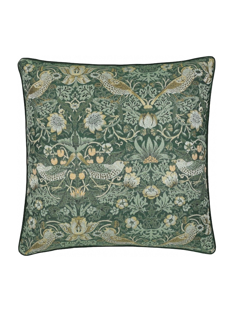 Morris & Co Forest Green Strawberry Thief Jacquard Piped Cushion - Image 2 of 6