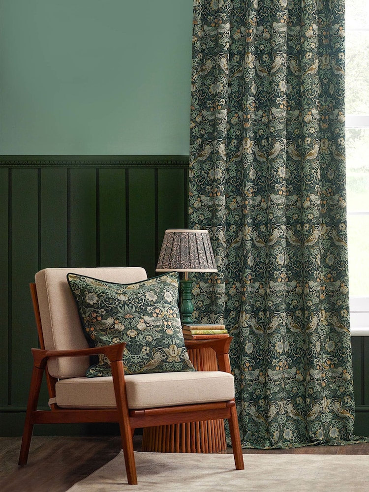 Morris & Co Forest Green Strawberry Thief Jacquard Piped Cushion - Image 6 of 6