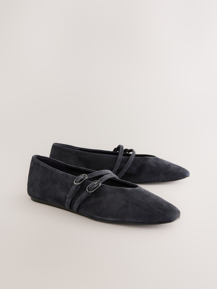 Navy Suede Standard Fit Forever Comfort® Leather Round Toe Mary Jane Shoes - Image 3 of 6