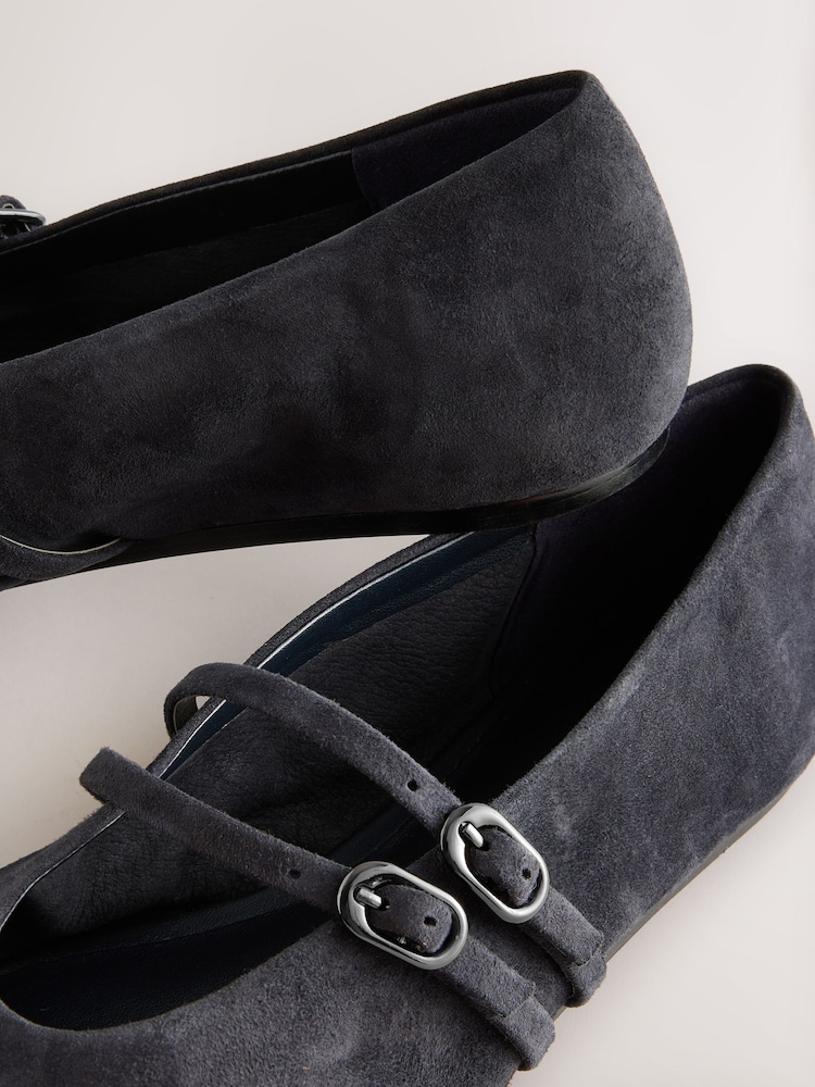Navy Suede Standard Fit Forever Comfort® Leather Round Toe Mary Jane Shoes - Image 5 of 6