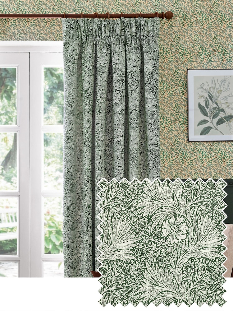 Morris & Co Leaf Green Marigold Jacquard Pencil Pleat Curtains - Image 1 of 6
