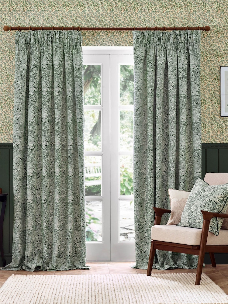 Morris & Co Leaf Green Marigold Jacquard Pencil Pleat Curtains - Image 2 of 6