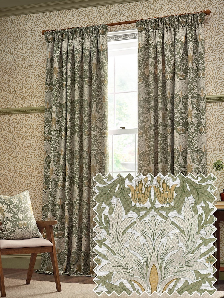 Morris & Co Sunflower Stone Snakeshead Jacquard Chenille Pencil Pleat Pencil Pleat Curtains - Image 2 of 6