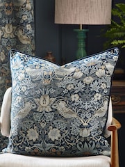 Morris & Co Indigo Strawberry Theif Jacquard Piped Cushion - Image 1 of 6